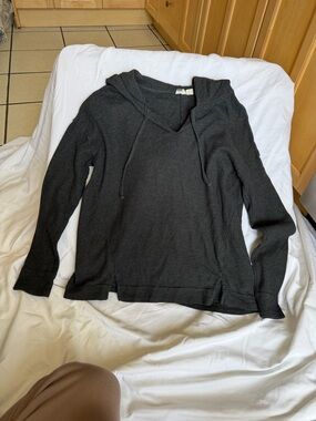 Roxy Charcoal V‑Neck Hooded Waffle Knit Top